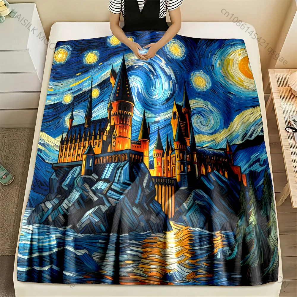 

1PC Oil Painting Style Magic Academy Print Blanket Flannel Material Soft Warm for All Seasons Home Outdoor Camping Picnics
