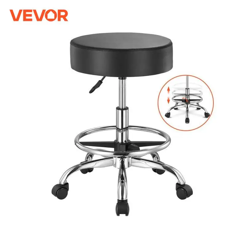 VEVOR Sattelhocker Rollhocker 204 kg belastbarer höhenverstellbarer (55-71 cm) Drehhocker Arbeitshocker mit Rückenlehne & Fußstütze, PU-Leder-Drehsattelstuhl für Salon Spa Massage Klinik Schwarz