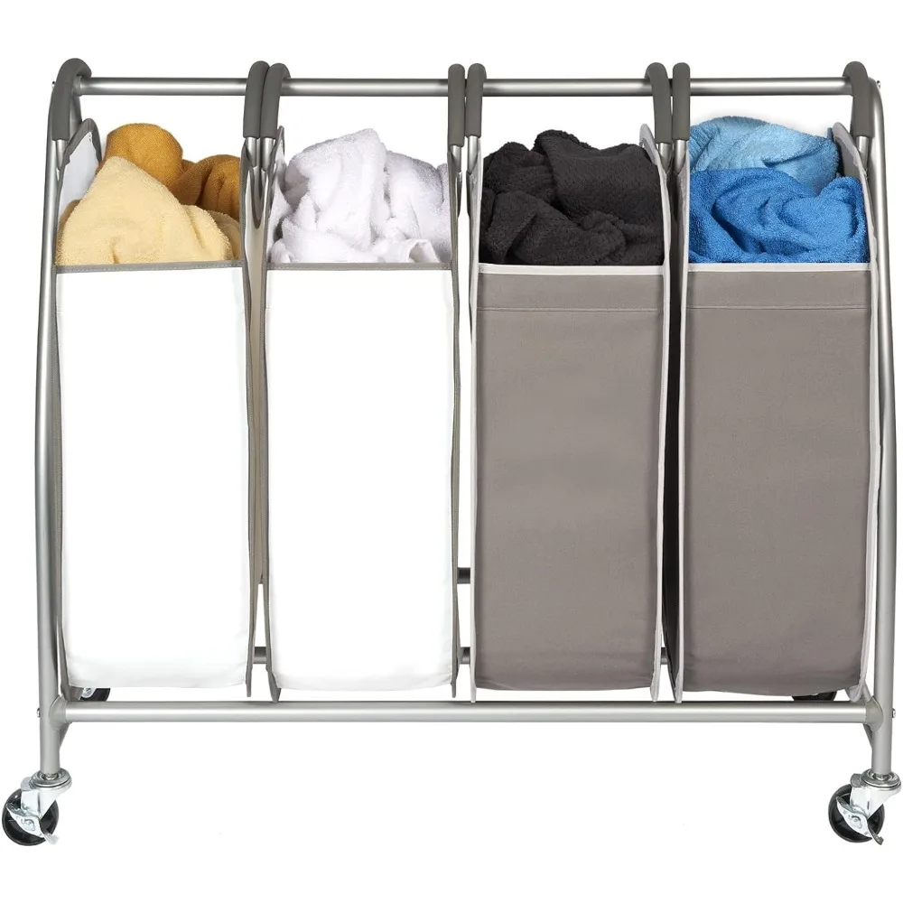 

4 Pocket Rolling Storage Cart With 4 x Dirty Clothes Hamper Tote Bags For Towels, Blankets & Bathroom Organization