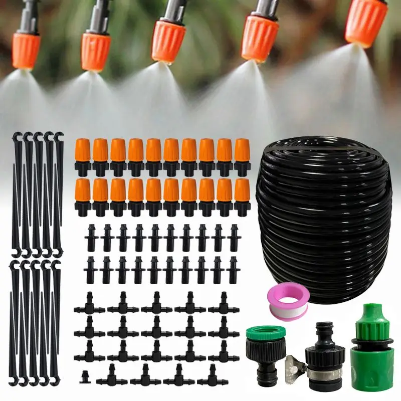 

Outdoor Garden Plant Misting Watering System With 50 FT 1/4” Tubing 20Pcs Misters Barbed Fittings Support Terrace Sprayer