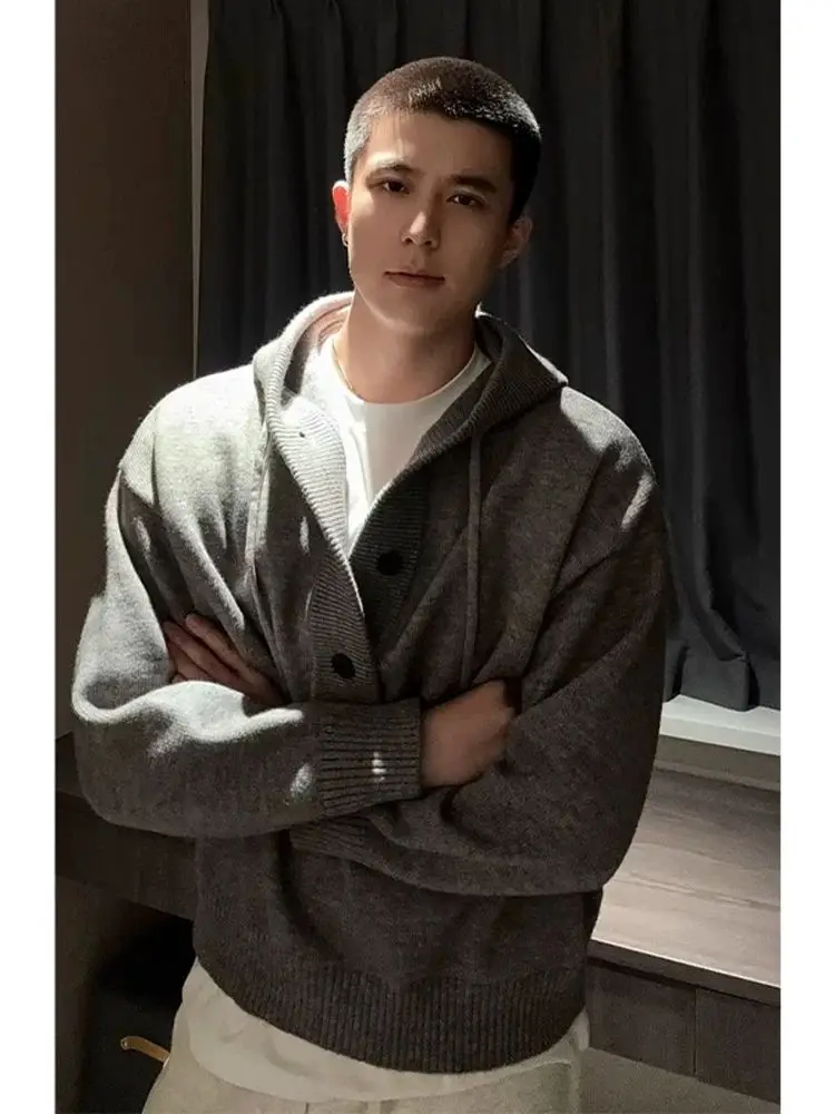 アメリカンクリーンフィットグレーフード付きセーターメンズ秋冬怠惰なハイエンドでハンサムなニットセータートレンディなブランドジャケット