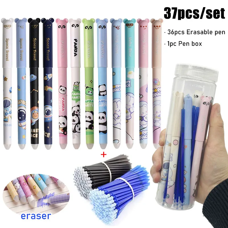 

37 шт./компл., 0,5 мм, стираемые гелевые ручки с изображением животных и панды, исчезающие волшебные стержни, синие/черные для офисных канцелярских принадлежностей