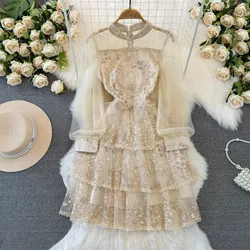 High Quality Women Spring Summer Lace Mesh Pathcwork Embroidery Sequined Stand Collar Long Sleeve Cascading Party Dresses