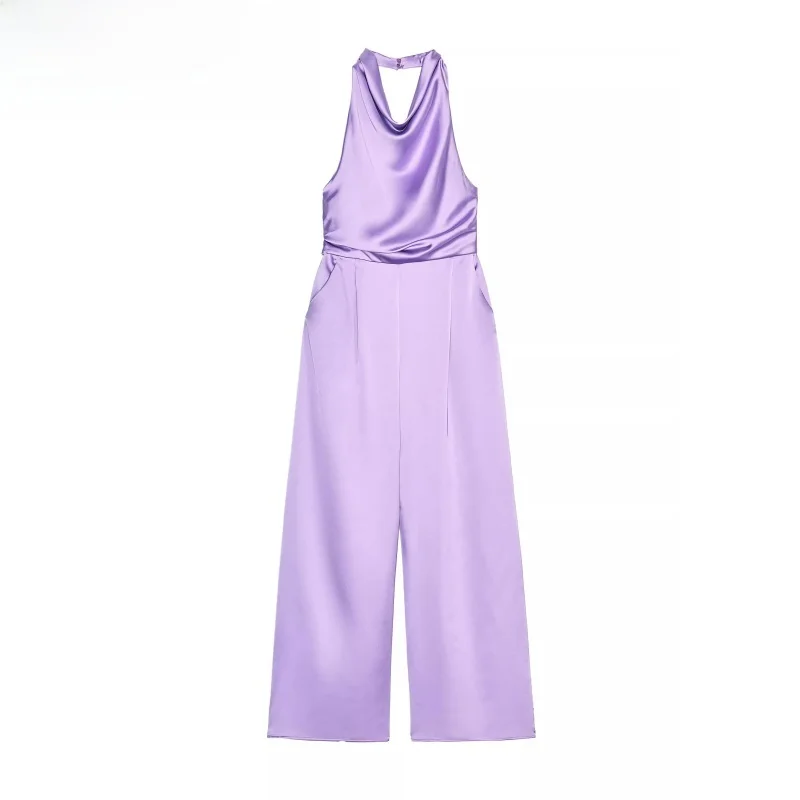 

Summer New Women's One-Piece Suit Wide Leg Silk Satin Bal Hanging Collar High Waist Long Pants Comfortable Commute Sle