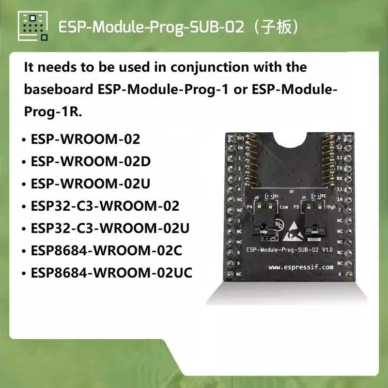 ESP-Module-Prog-SUB-01&04/ESP-Module-Prog-SUB-02 daughter boards, must be used with an ESP-Module-Prog-1/1R mother board