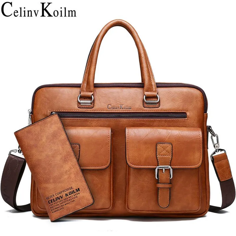 

Celinv Koilm Brand Man's Business Briefcase Bag Split Leather High Quality Men office Bags For 13' Laptop A4 Causel 2pcs/set