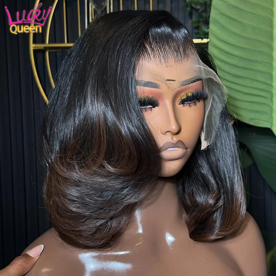 

Real Human Hair Wig Body Wave Ombre Brown Colored Short Bob Hair 13x4 Lace Front Human Hair Wigs For Women Upgrade Glueless