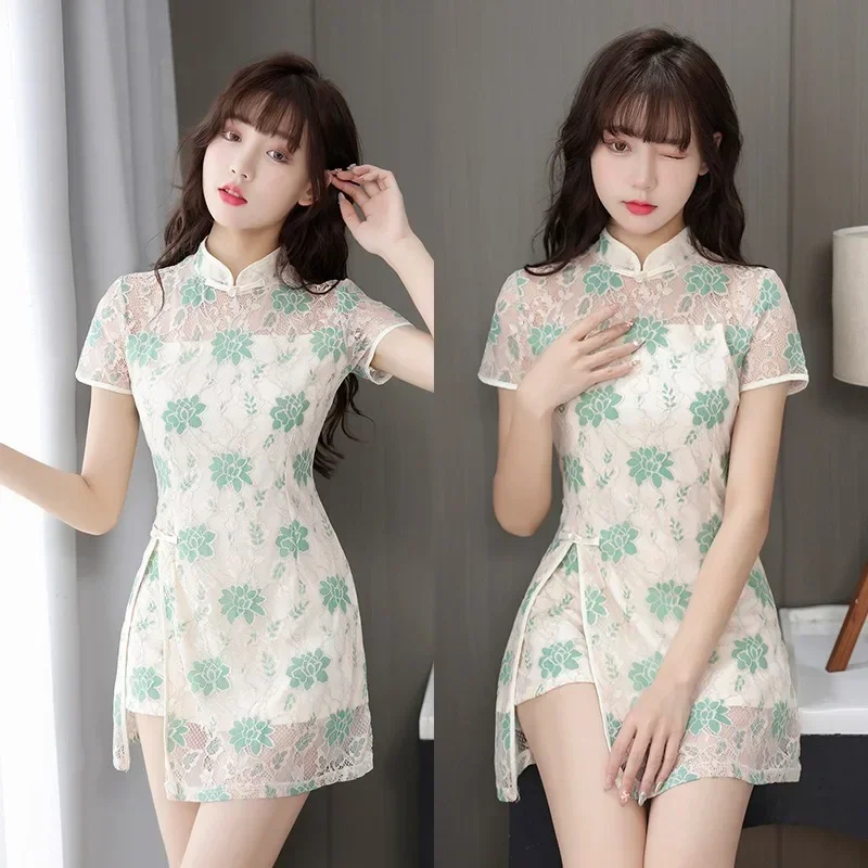 Improved Short Sleeve Sexy Lace Cheongsam Two-piece Set New Beauty Massage Technician Work Clothes Summer Lace Spa Uniform