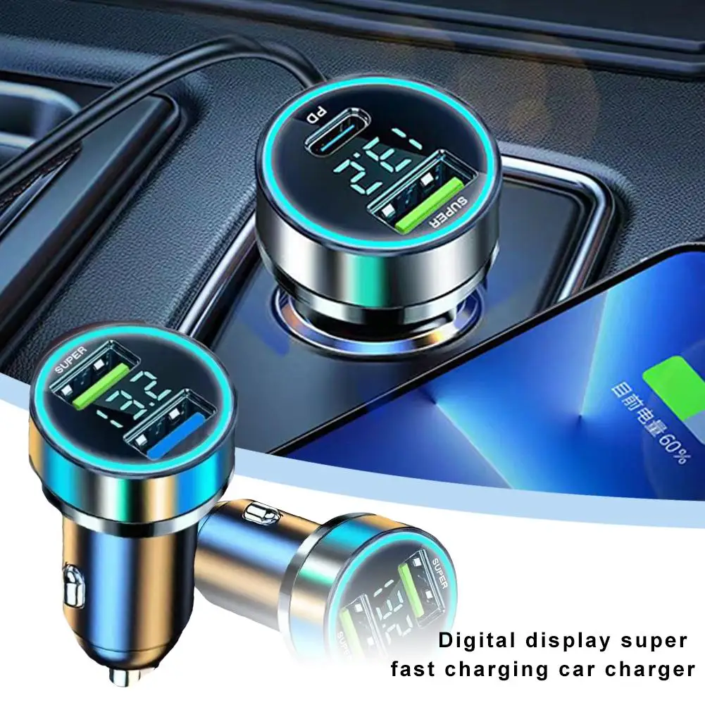 Carregamento portátil do carro do USB com indicação digital, carregamento super rápido, carregador do metal, tipo C, 12-24V, 66W, 120W, E2Y0