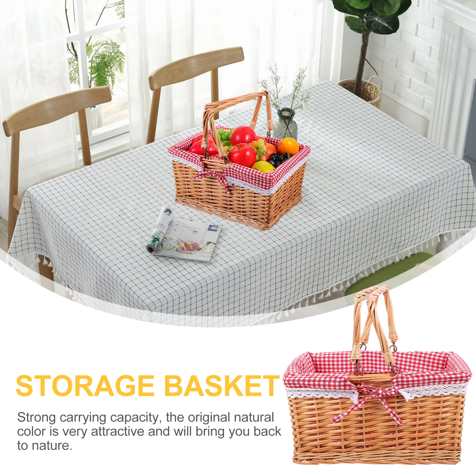 

Large Wicker Picnic Basket Hand Woven Cloth Lined Handles Storage Beach Park Romantic Outing Wedding Birthday Gift
