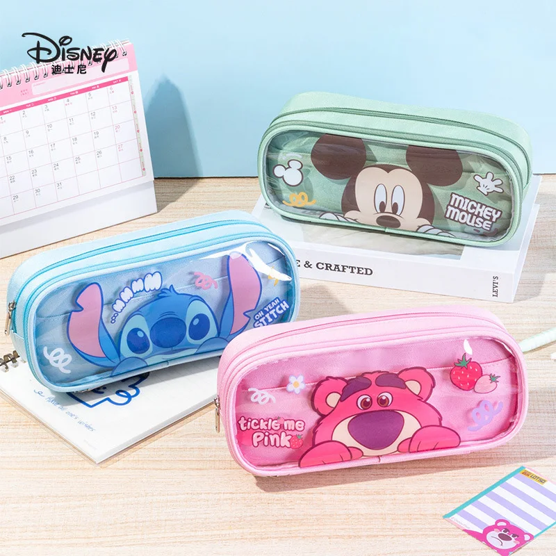 New Disney Stitch Pen Bag Double Transparent Stationery Box Cartoon Large Capacity Pencil Case Storage Bag Student School Bag