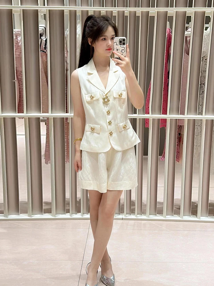 High-End Dames Svel Suit Vest Top+orts Set Ele Miss Rich Sle Faionable Tweedelig Ensemble Wol Stof Knoop...