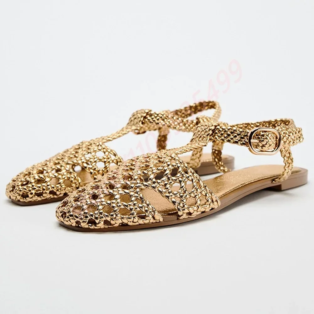 

Summer Women's Hollow Woven Roman Sandals 2026 Round Outdoor Casual Sandals Gold/black Fashion Beach Vacation Buckle Sandals