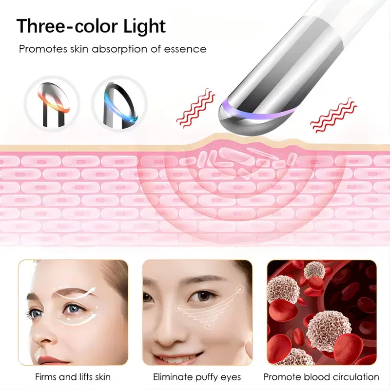 Dispositivo de beleza para cuidados com os olhos, massageador facial 3 em 1, varinha de luz de fóton LED para relaxar olheiras, bolsas para inchaço, ferramenta de cuidados com a pele