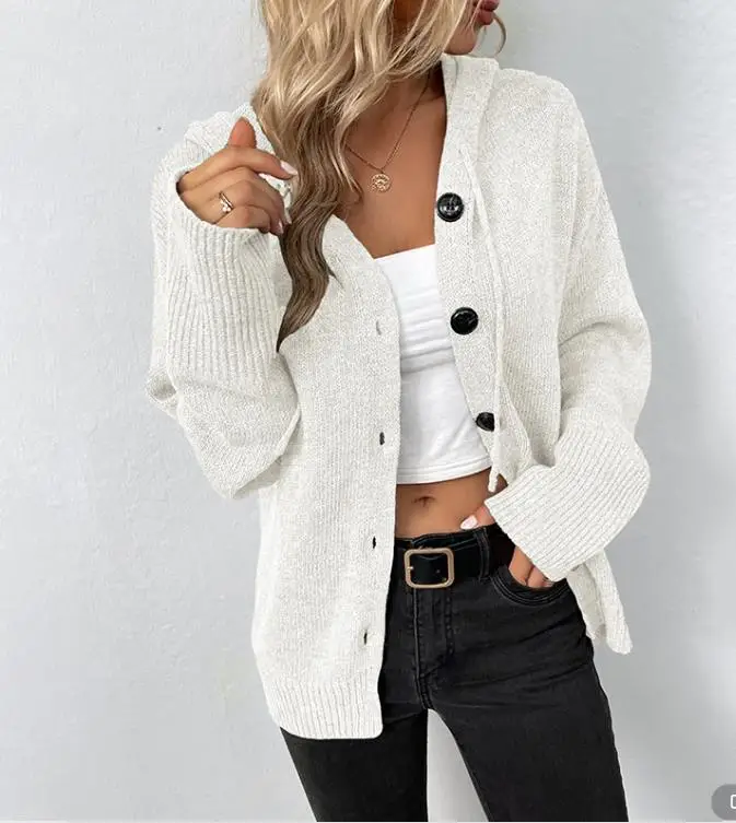 

Autumn Winter New Women Sweater Cardigan Solid Color Hooded Casual Loose Fit Knitted Coat Single-breasted Cardigan Sweater Women