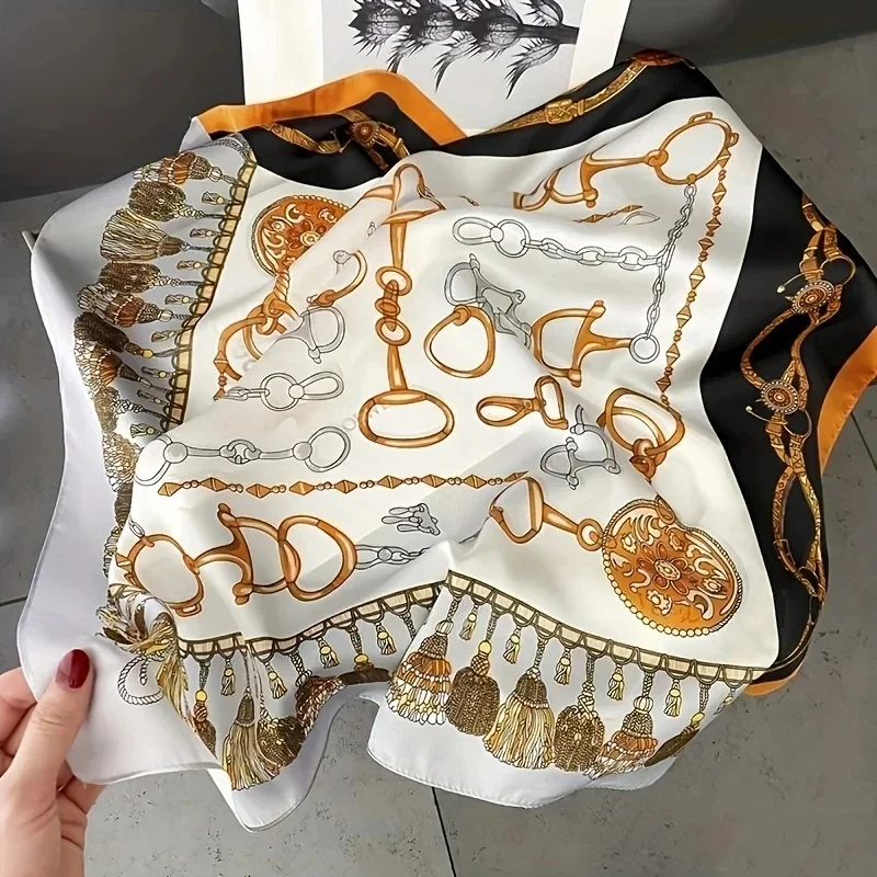 

2024 New Chain Tassel Print Square Scarf Thin Breathable Neck Scarf Boho Style Sunscreen Headscarf For Women