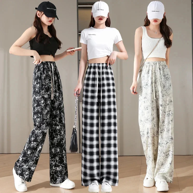 2025 New Women's Ice Silk Chiffon Pants Summer Thin Breathable Soft Loose Straight Leg Checkered Printed Wide