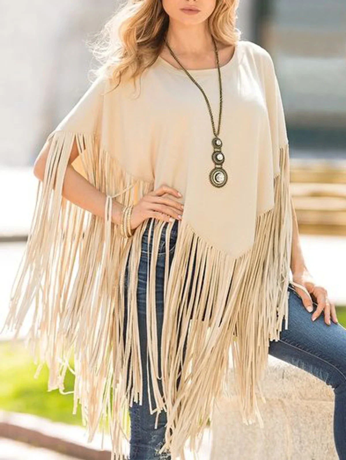 Women Vintage Solid Tops 2023 Spring Autumn Elegant Pullover Oversize Irregular Tassel Hem Cape Cloak Pull Femme Bohemian