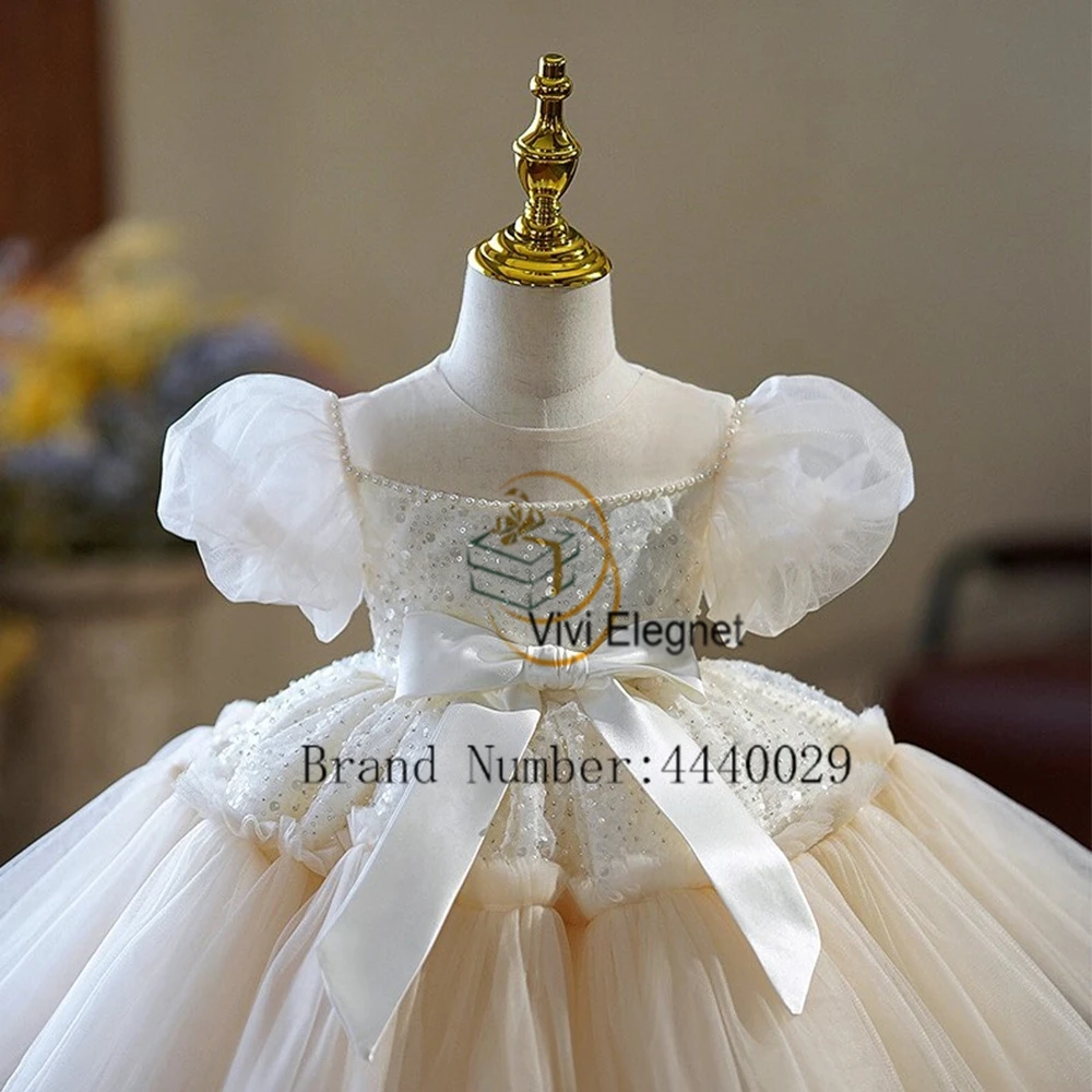 Modern Ivory Short Sleeve Flower Girls Dresses for Kids Real Picture 2024 Summer Tiered Wedding Party Dresses with Sequined Bow