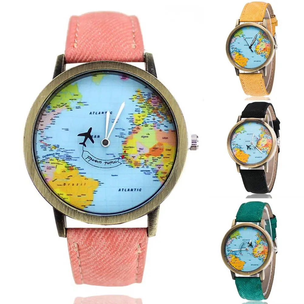 Retro Unisex World Map Faux Leather Strap Round Dial Ladies Quartz Watch Analog Leather Women Gift Women Watches