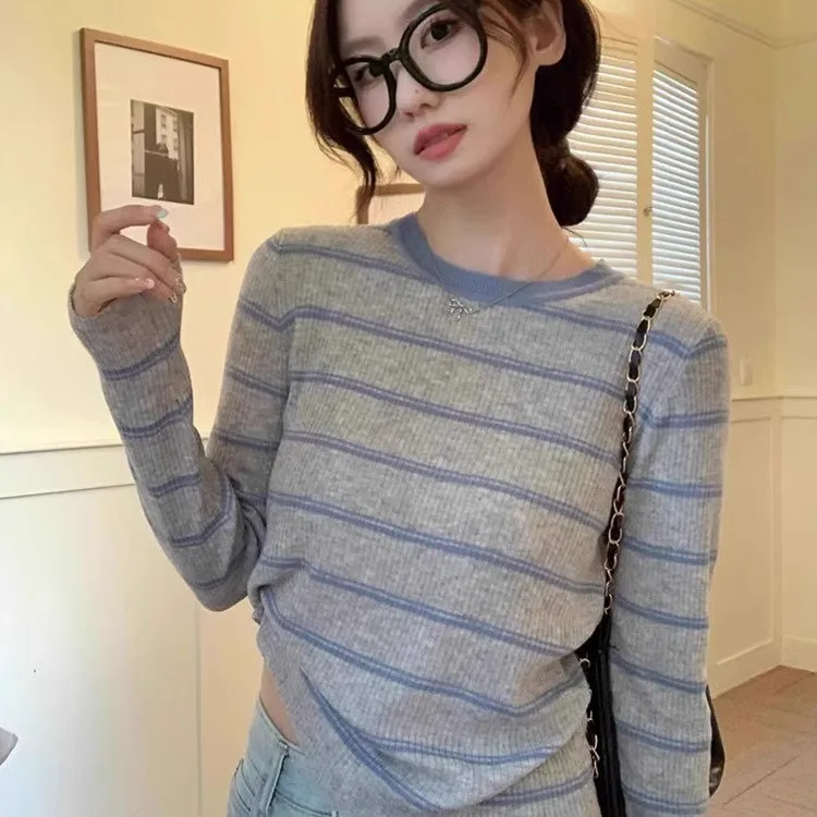 Striped Color Block Long Sleeve Knitted T-Shirt Women's Spring Autumn Design Base Layer Shirt round Neck Knitwear Top