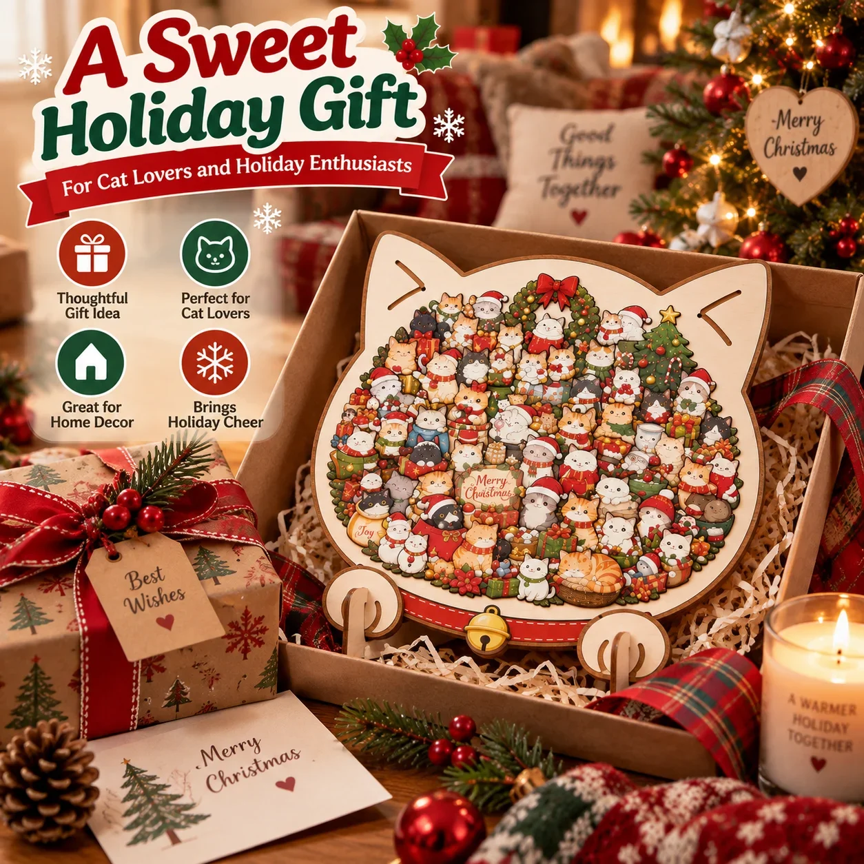 1 Pc Christmas Wooden Puzzle, Cute Colorful Silhouette Jigsaw Puzzle for Adults with Wall Stickers and Frame Outline
