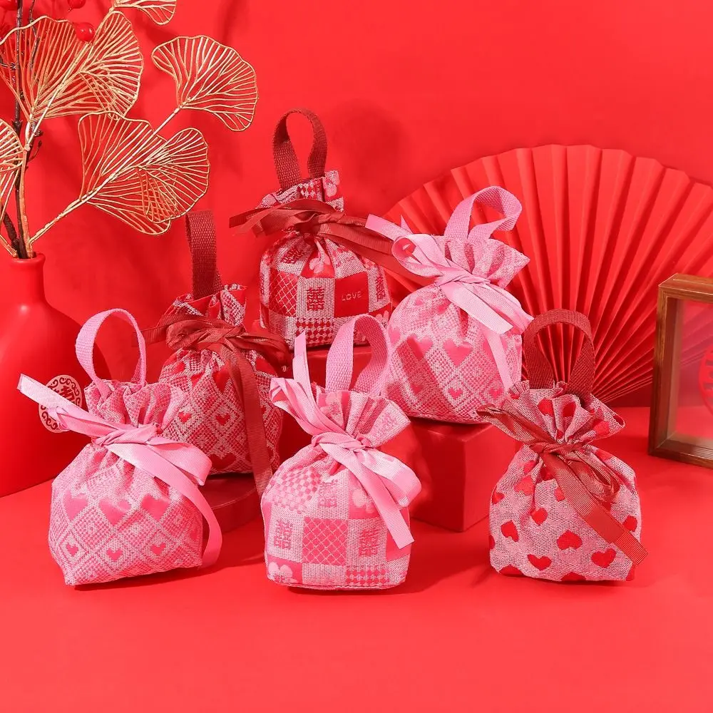 

Love Heart Wedding Sugar Bag Large Capacity Korean Style Ribbon Bow Wrist Bag Jewerly Packing Bag Wallet Festive Sugar Bag