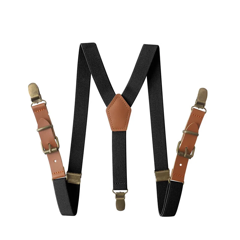 Vintage Brown Leather Alloy 3 Bronze Clips Kid Ring Bearer Vintage Casual Suspenders Western-Style Trousers Boy\'s Braces Strap