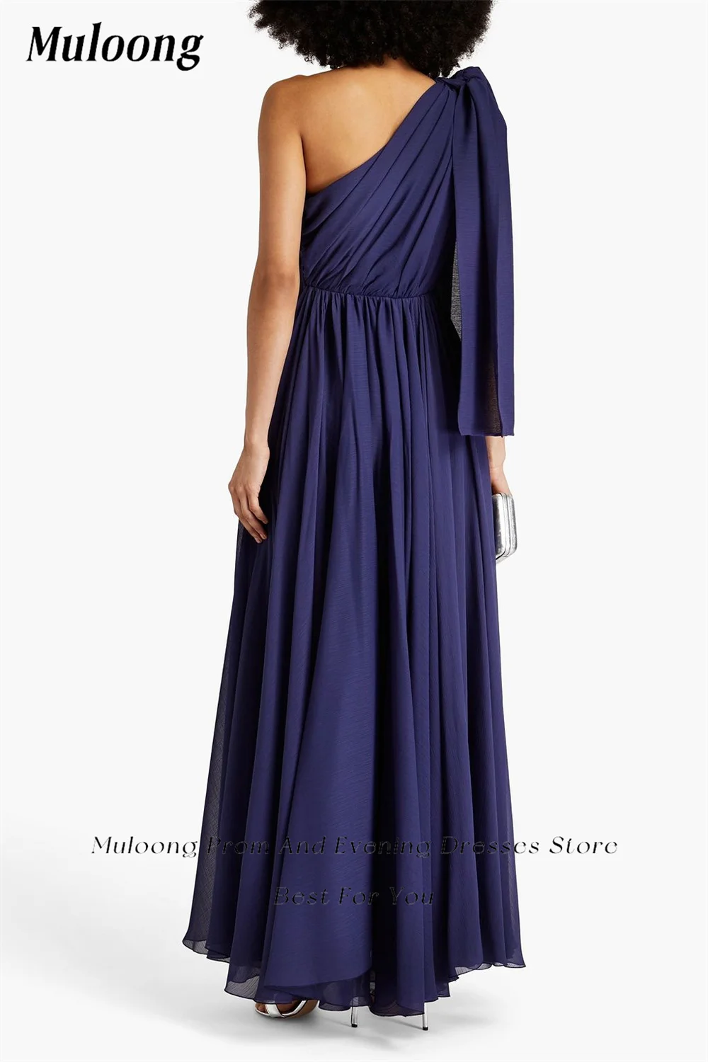 Muloong Navy One Shoulder Maxi Dress Pleated Ankle Length Classic Evening Dress 2023 Bow Shoulder Saudi Aribia Party Dress