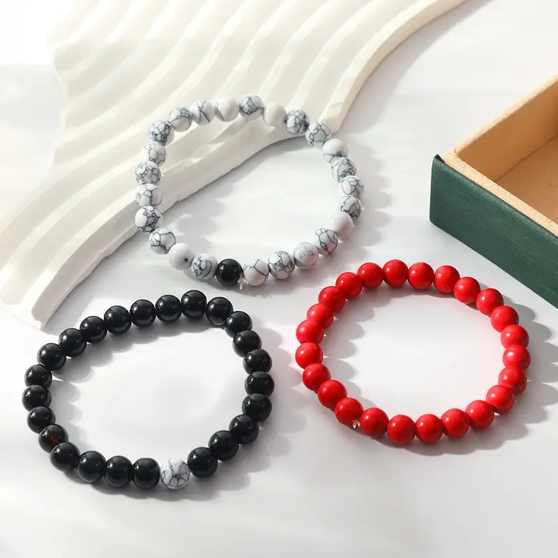 3 Stuks Armband Set Voor Zowel Mannen Als Vrouwen Eenvoudige Stijl 8Mm Wit Rood Turkoois Zwart Mat Steen Hand Kralen Armband