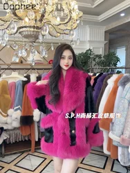 2023 Winter New Thicken Contrast Color Fur Fluffy Jacket Women's Big Fur Collar Mid-Length Mink Warm Long Sleeves Faux Fur Coat