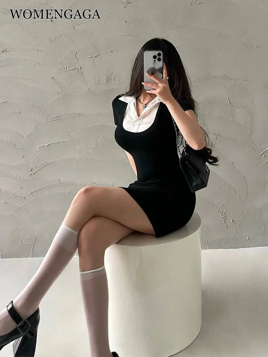 WOMENGAGA Sexy Slim Polo Collar Contrast Fake Two Piece Short Sleeve T Shirt Dress Short Dresses Summer Fashion Korean S8AY