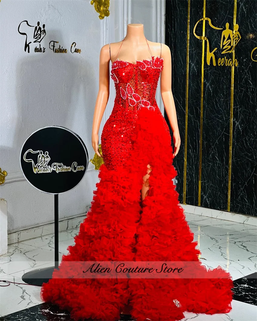

Luxury Red Long Prom Dresses With Flower Appliques Sparkle Crystal Beaded Evening Dress Ruffles High Slit Birthday Party Custom