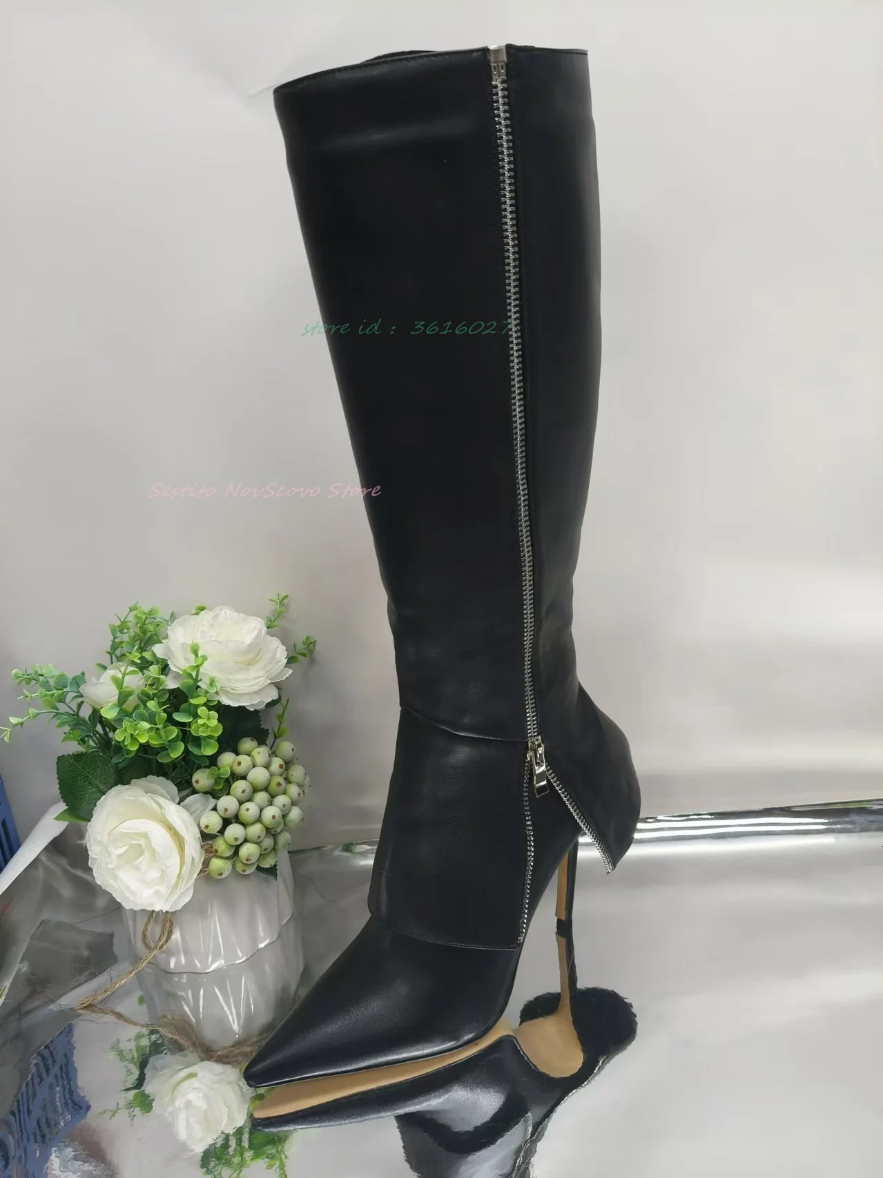 

Pointed Toe Fold Boots High Heels Side Zip Black Leather Cool Girl Autumn Dress Casual Daily Knee High Boots Fashion Punk Shoes