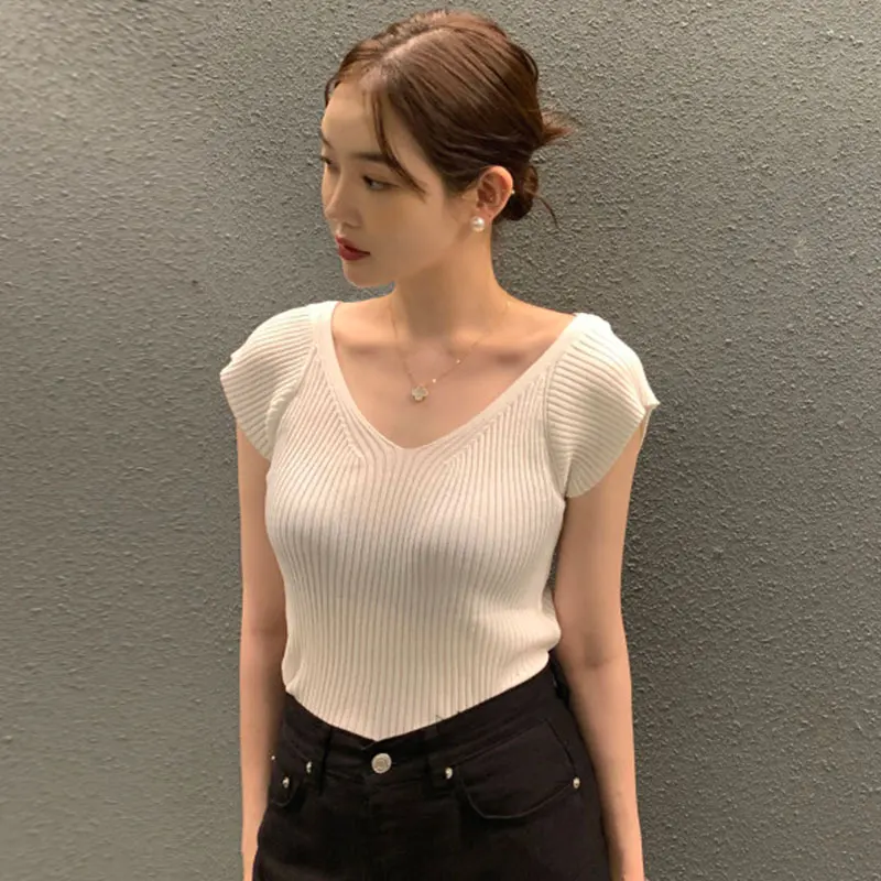 Ele Maglieria estiva vintage da donna Slim Fit ort Sve V-Ne Pullover maglione a righe Faionable Casual coreano Sle