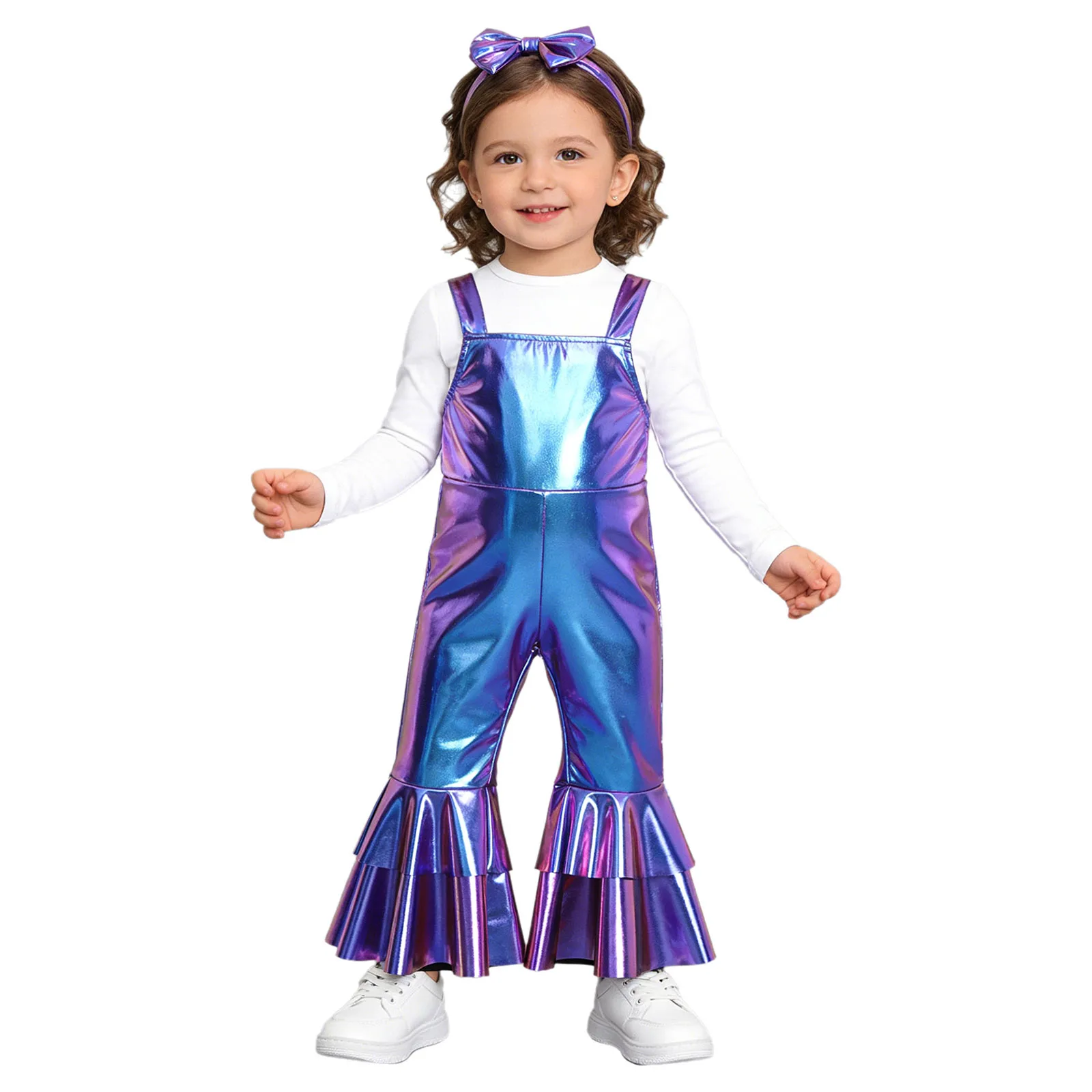 

Baby Girls Metallic Shiny Romper Disco Party Birthday Photography Costume Adjustable Straps Bell-Bottom Jumpsuit with Headband