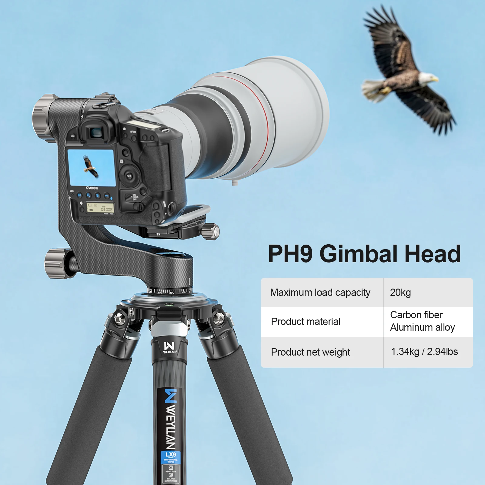 WEYLLAN PH9 Gimbal Tripod Head Carbon Heavy Duty Gimbal Stabilizer for Camera Telescope Load 20KG, Full Bearing Structure