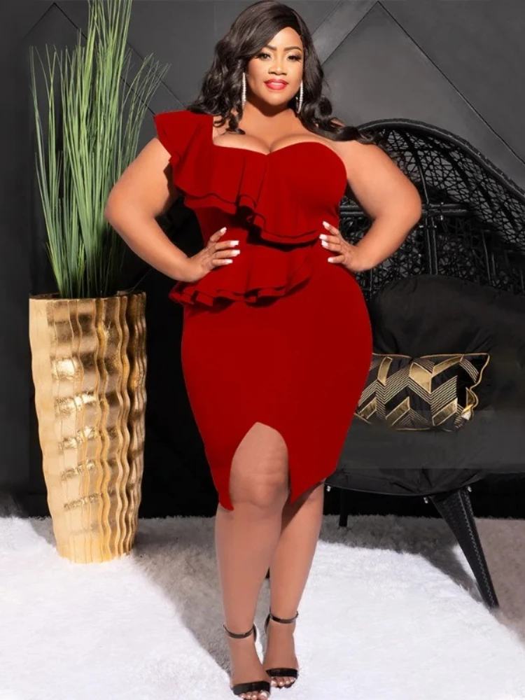 

Plus Size Women Ruffles Shoulder Sleeveless Bodycon Midi Dress 2026 Fashion INS Curve Sexy Party Club Dresses Vestidos