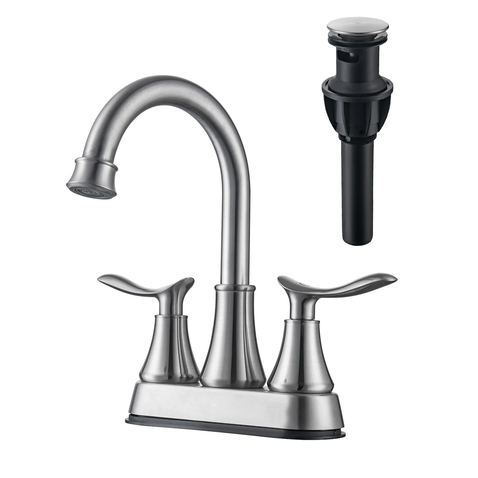 

4 Inch Bathroom Vanity Sink Faucet Deck Mount Dual Handle Hot Cold Mixer Taps Three Hole Lavatory Sink Faucet Brushed