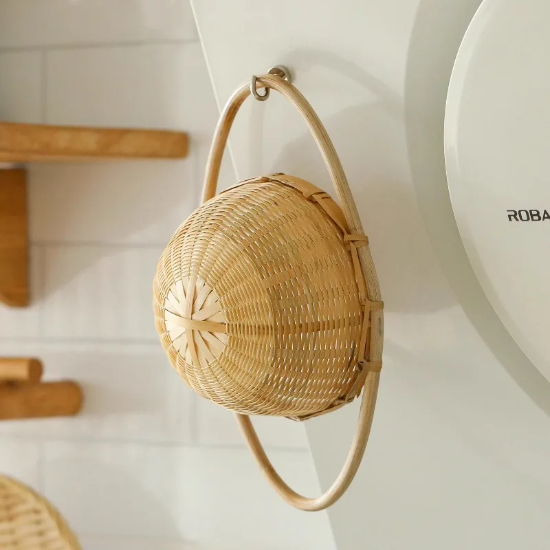 

Japanese-style Handmade Retro Kitchen Bamboo Braided Binaural Handle Drain Basket, Fruit Drain Bowl Rice Bowl Vegetable Basket