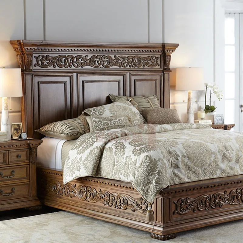 

French American solid wood retro old double sofa bedroom engraving