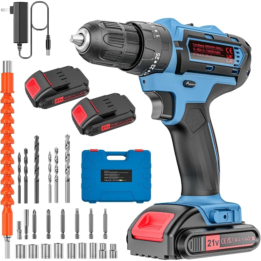 

Cordless Drill Set 21V Power Drill with 2 Batteries and Charger 25+3 Torque Setting Electric Drill with 26 Accessories Built-in