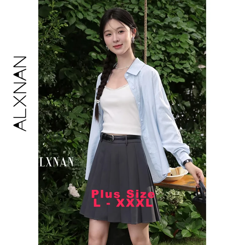 

ALXNAN большие размеры, серая плиссированная юбка, женские короткие юбки трапециевидной формы в студенческом стиле, осенняя офисная женская элегантная модная одежда D12131