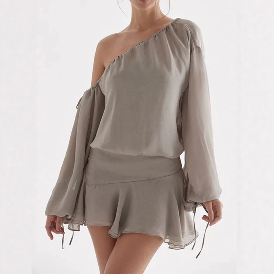 

【New style】's new fashion pure desire chiffon sloping shoulders off-the-shoulder long-sleeved ruffled high-end dress