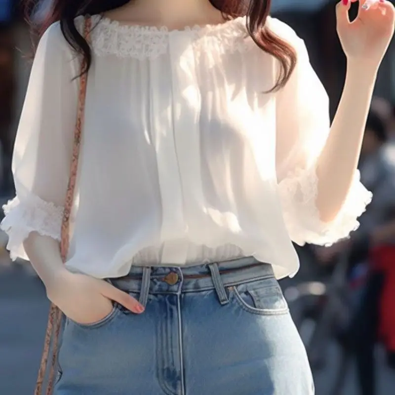 Women Summer Fashion Loose Lace Solid Color Patchwork Slash Neck 3/4 Sleeve Chiffon Shirts Ladies Casual All-match Trend Top Tee