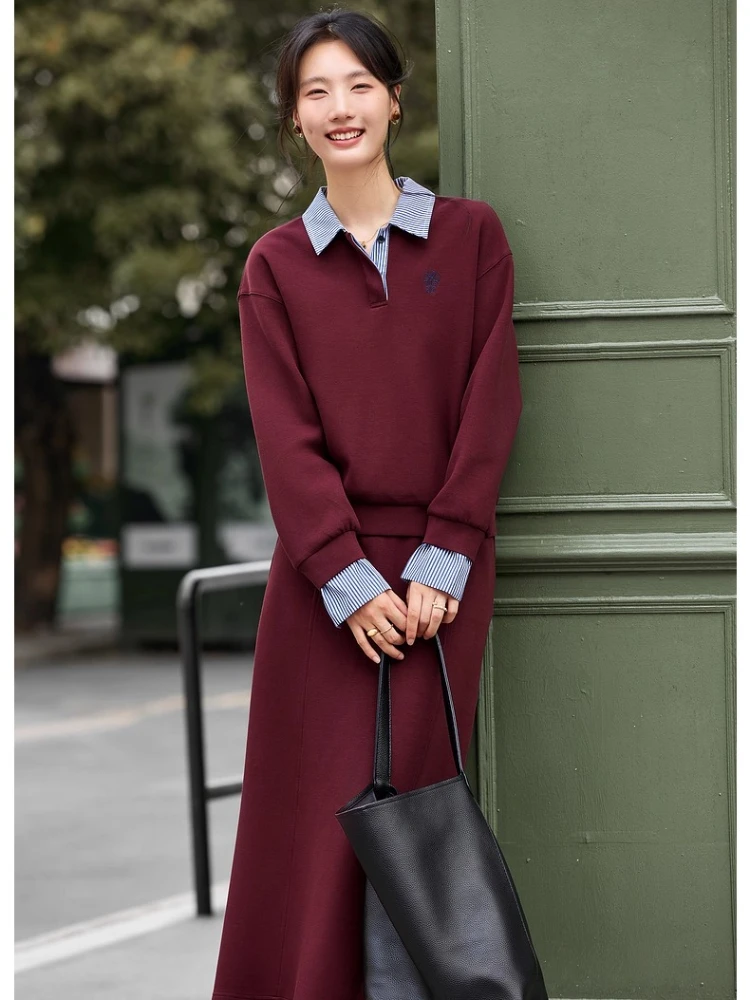 

VIMLY Woman Skirts Sets Two Pieces Casual Autumn 2025 Red Preppy Style Contrast Color Turn-down Neck Tops Straight Skirts A2189