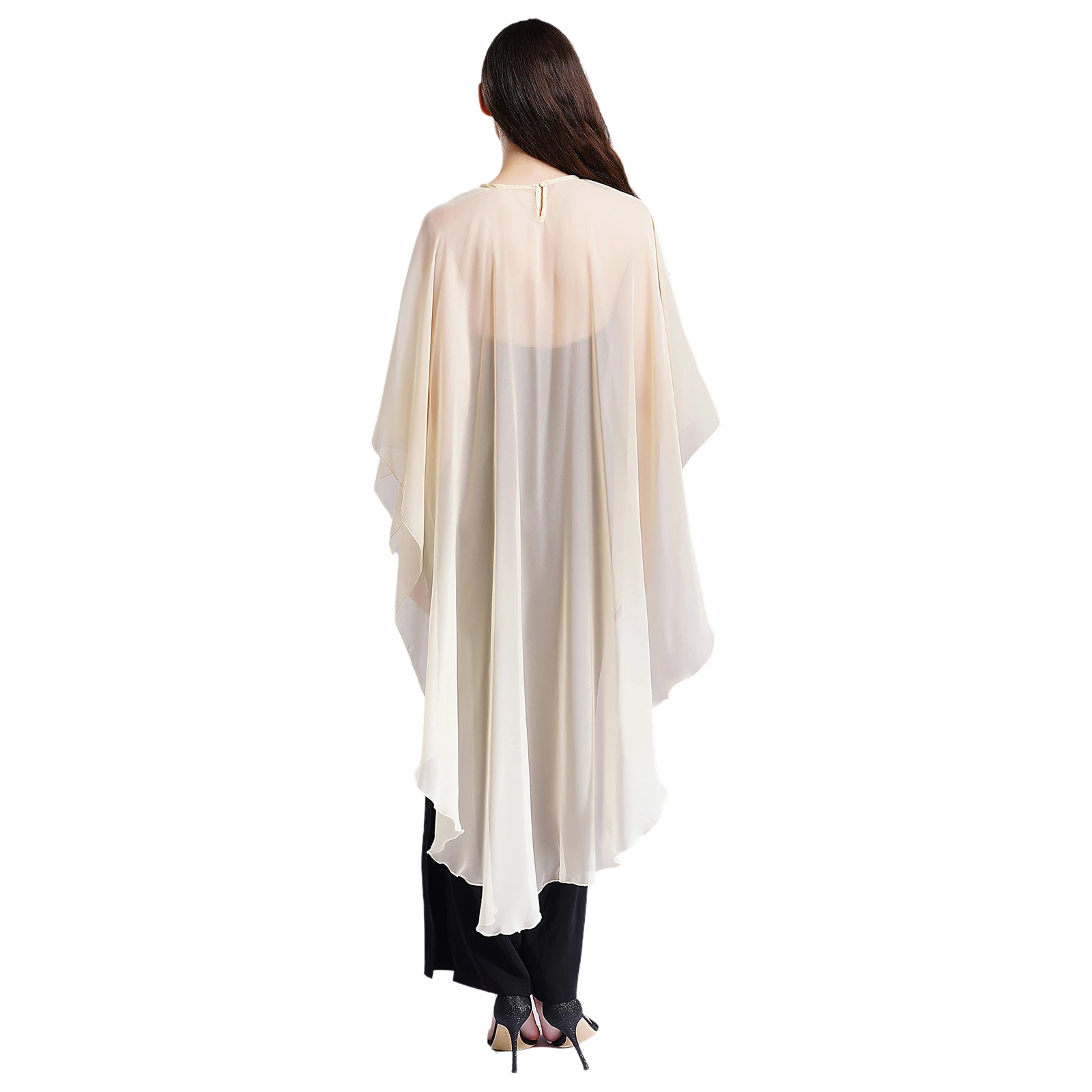 Womens Asymmetrical Sheer Cover-Ups Blouse Thin Coat Round Neck Batwing Sleeve See-Through Chiffon Shrug High Low Hem Shawl Tops