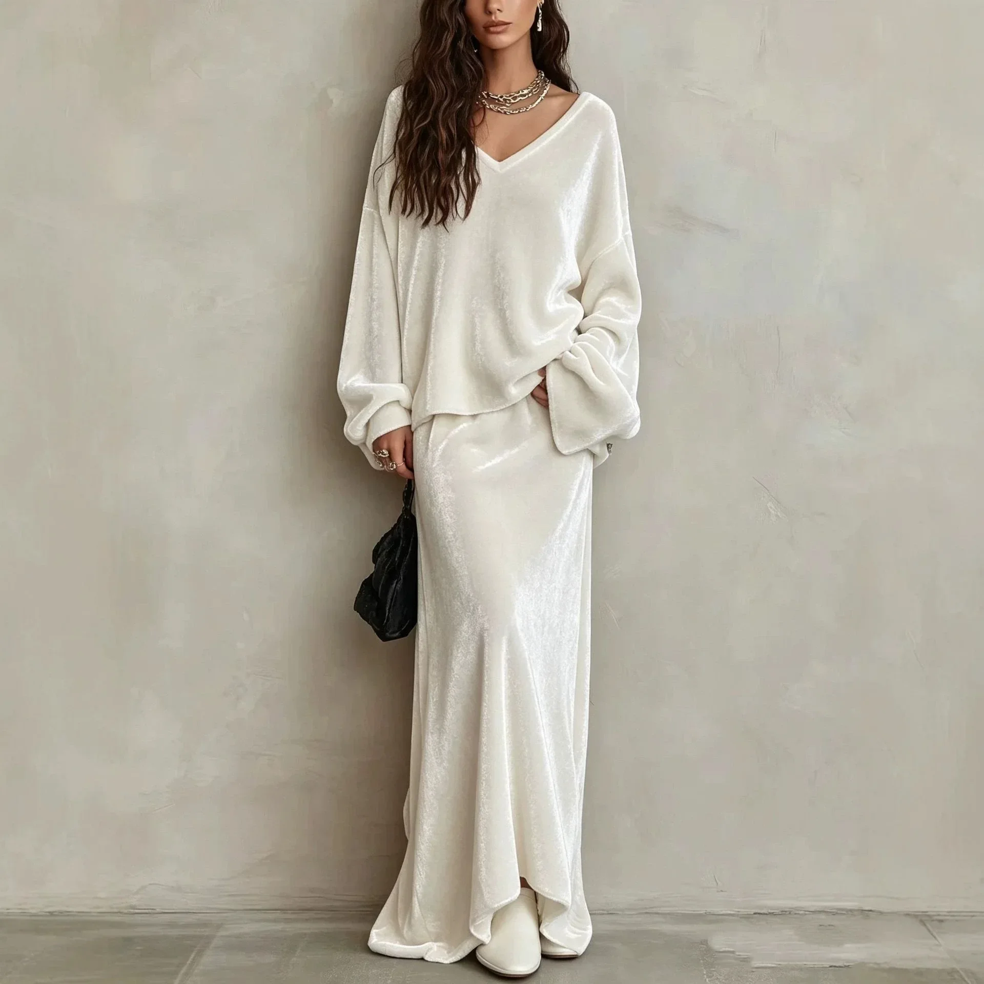 V-Neck Black Velvet Long Sleeve Dress For Women Spring Autumn New Western Style Retro Solid Color Pleated Large Length Dresses