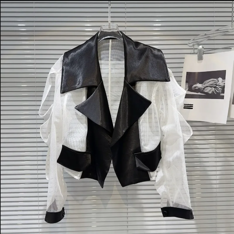 

Summer 2026 Fashion Splice Lace Sleeve Mesh Short Jacket Women's Top Trendy Hot Girl Stitched Edged Design Casual Outerwear