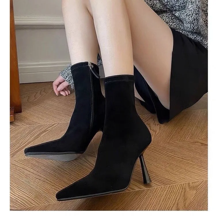 2024 Luxury Women Khaki Black Flock Sock Boots Stiletto Thin High Heels Elastic Knitting Boots Winter Stretch Fabric Ankle Boots